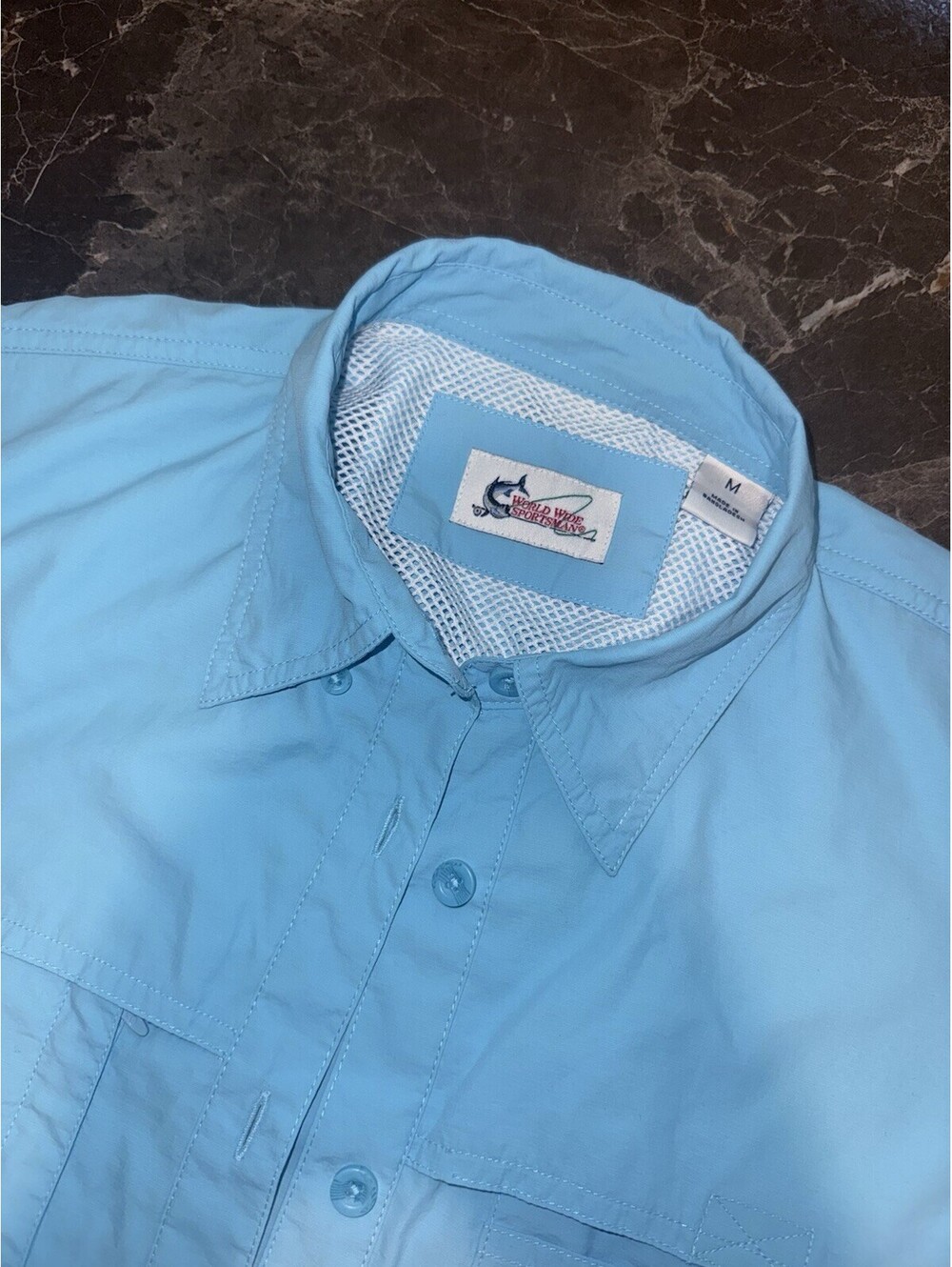 World Wide Sportsman Fishing Shirt Women's Medium Blue Button Down Vented Nylon